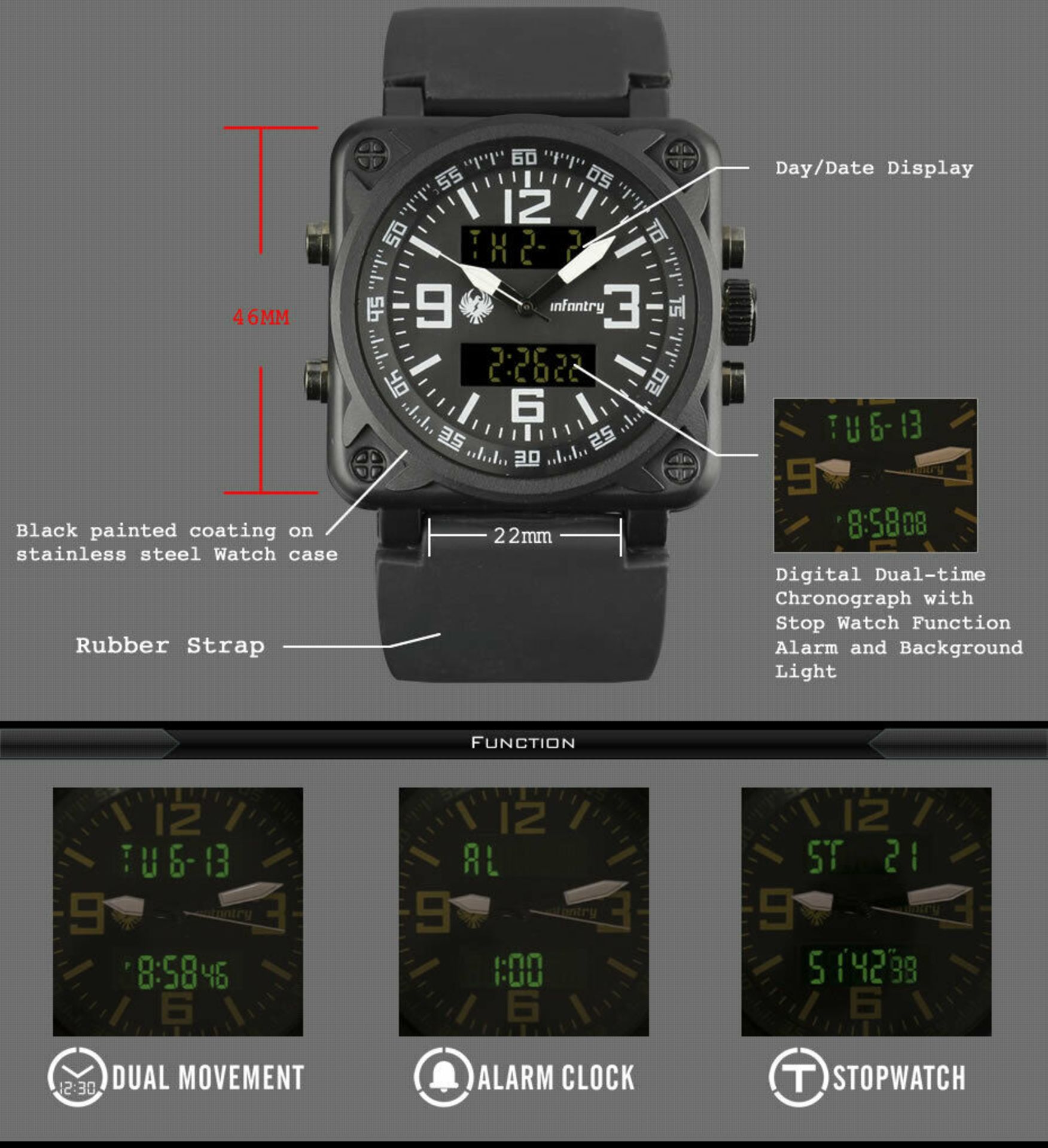 MEN'S INFANTRY WRIST WATCH BLACK FACE WHITE DIALS RUBBER STRAP, BRAND NEW IN BOX *PLUS VAT* - Image 7 of 8