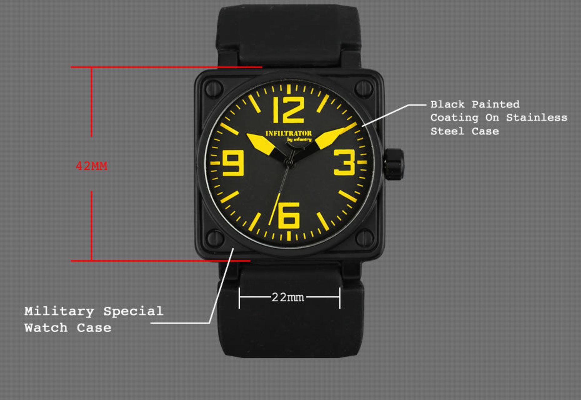 MEN'S INFANTRY WRIST WATCH BLACK FACE YELLOW DIALS RUBBER STRAP, BRAND NEW IN BOX *PLUS VAT* - Image 7 of 9