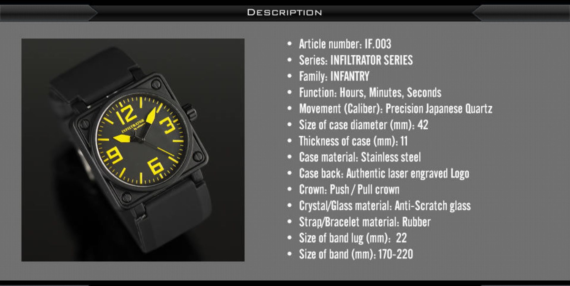 MEN'S INFANTRY WRIST WATCH BLACK FACE YELLOW DIALS RUBBER STRAP, BRAND NEW IN BOX *PLUS VAT* - Image 8 of 9