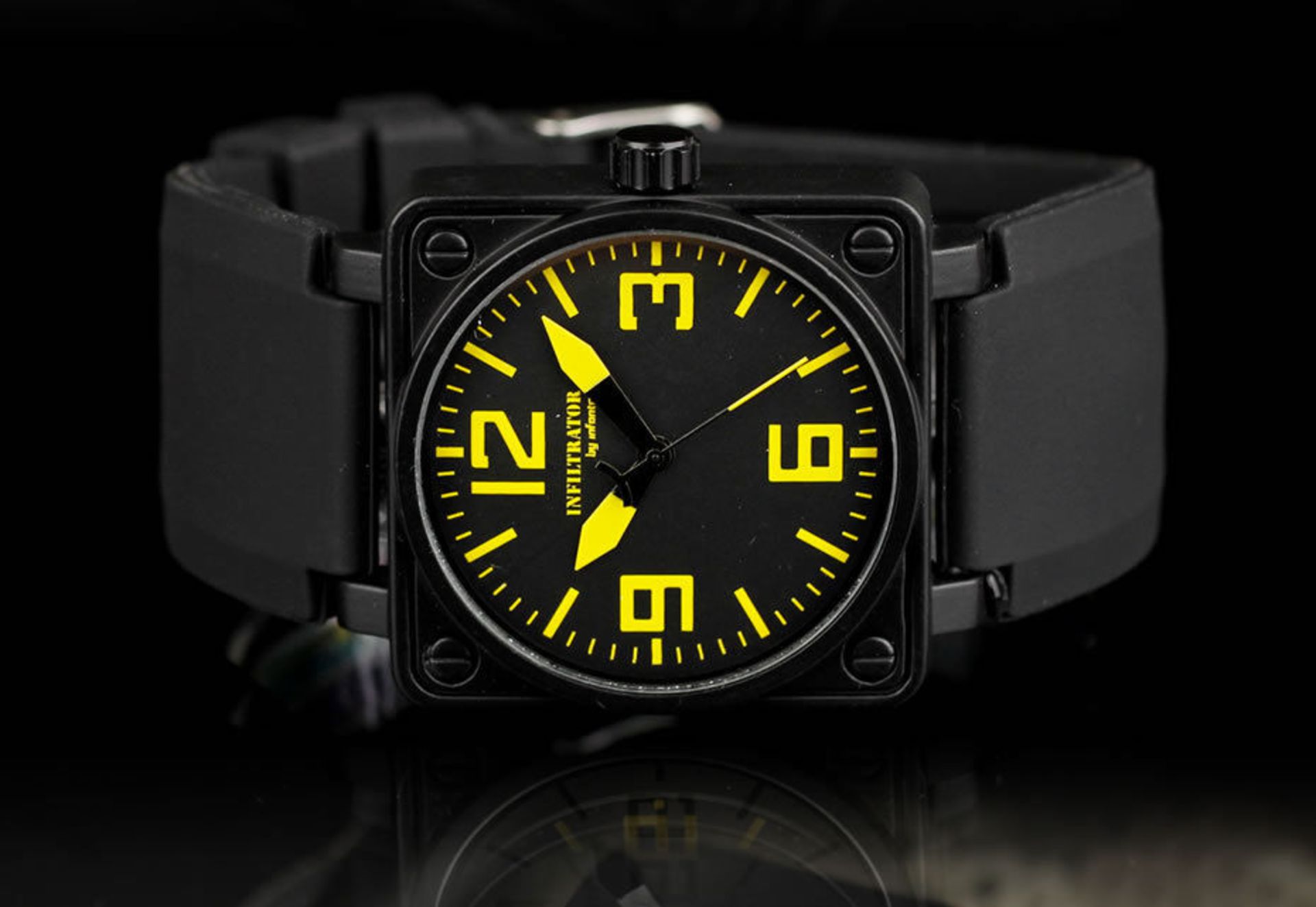 MEN'S INFANTRY WRIST WATCH BLACK FACE YELLOW DIALS RUBBER STRAP, BRAND NEW IN BOX *PLUS VAT* - Image 3 of 9