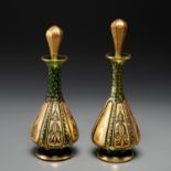 Pair fine Moser etched, gilt green glass bottles