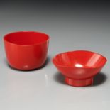 (2) Red lacquer sake cups attrib. Suzuki Mutsumi