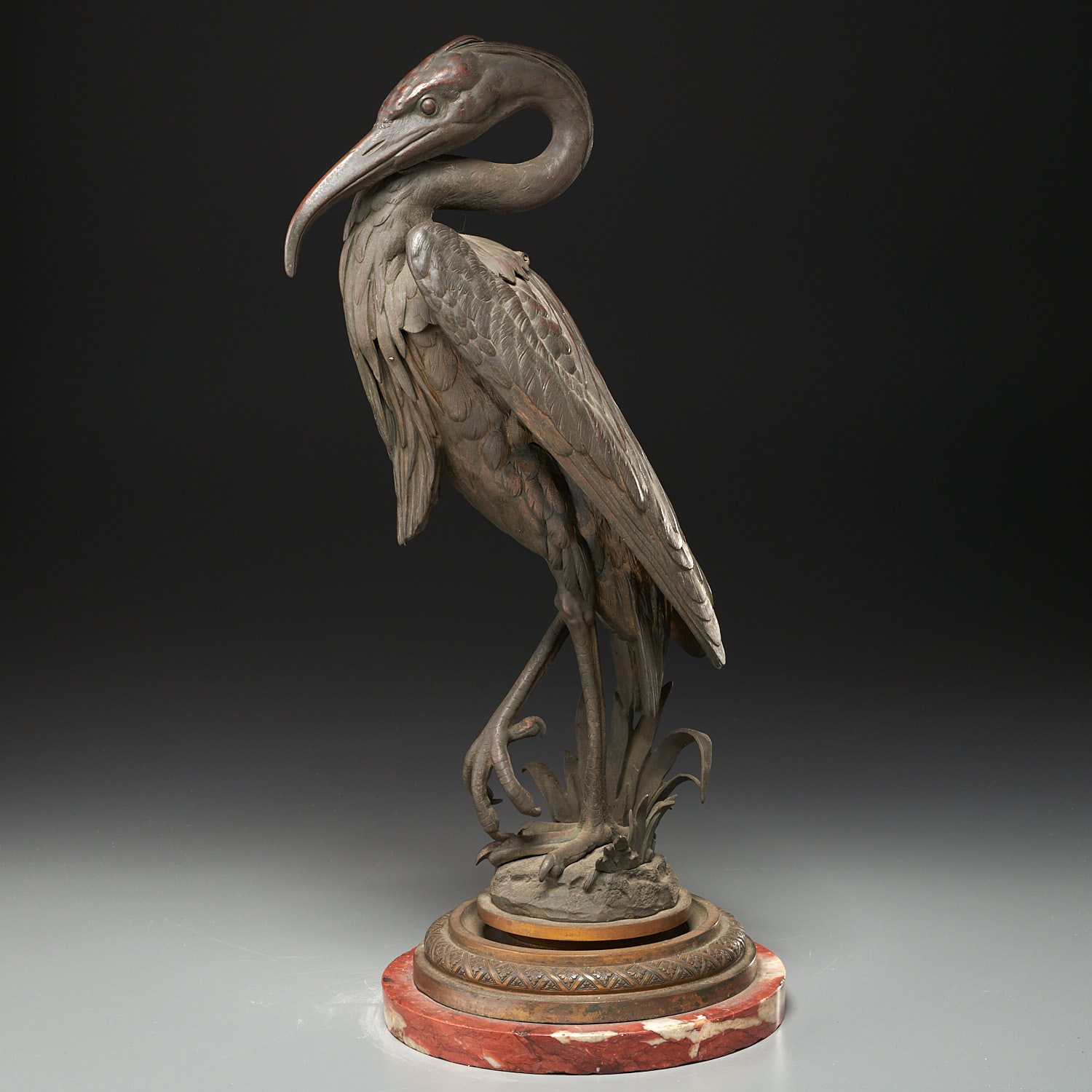 Large Continental patinated bronze Ibis vessel