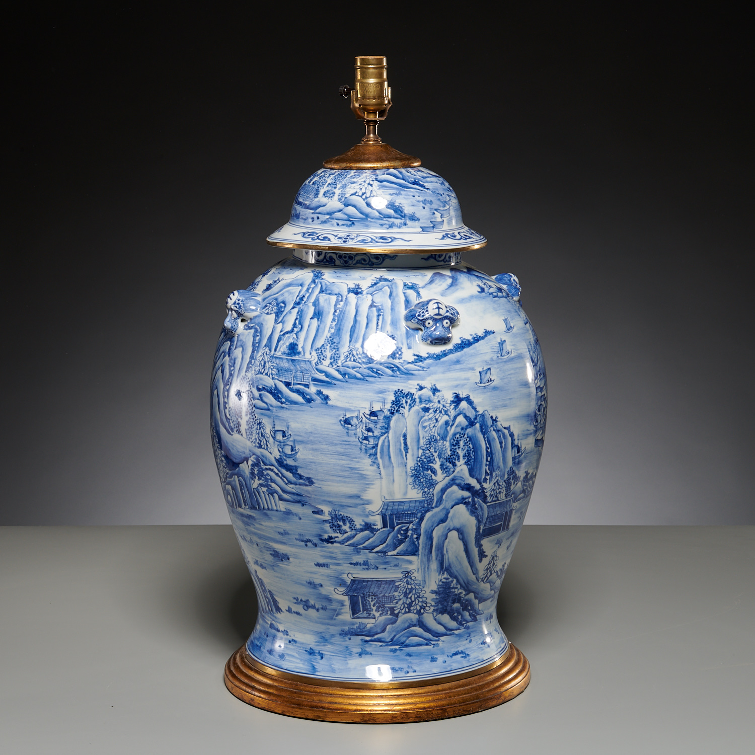 Large Kangxi blue and white lidded jar lamp