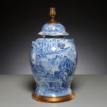 Large Kangxi blue and white lidded jar lamp