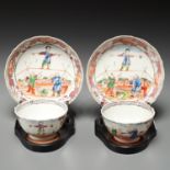 Pair Chinese Export 'Circus Performers' cup/saucer