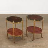 Pair French brass and mahogany tiered side tables