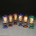 (6) Venetian enameled glass wine goblets