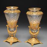 Pair Napoleon III gilt bronze, cut glass vases