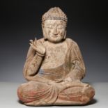 Large carved polychromed wood Amida Buddha