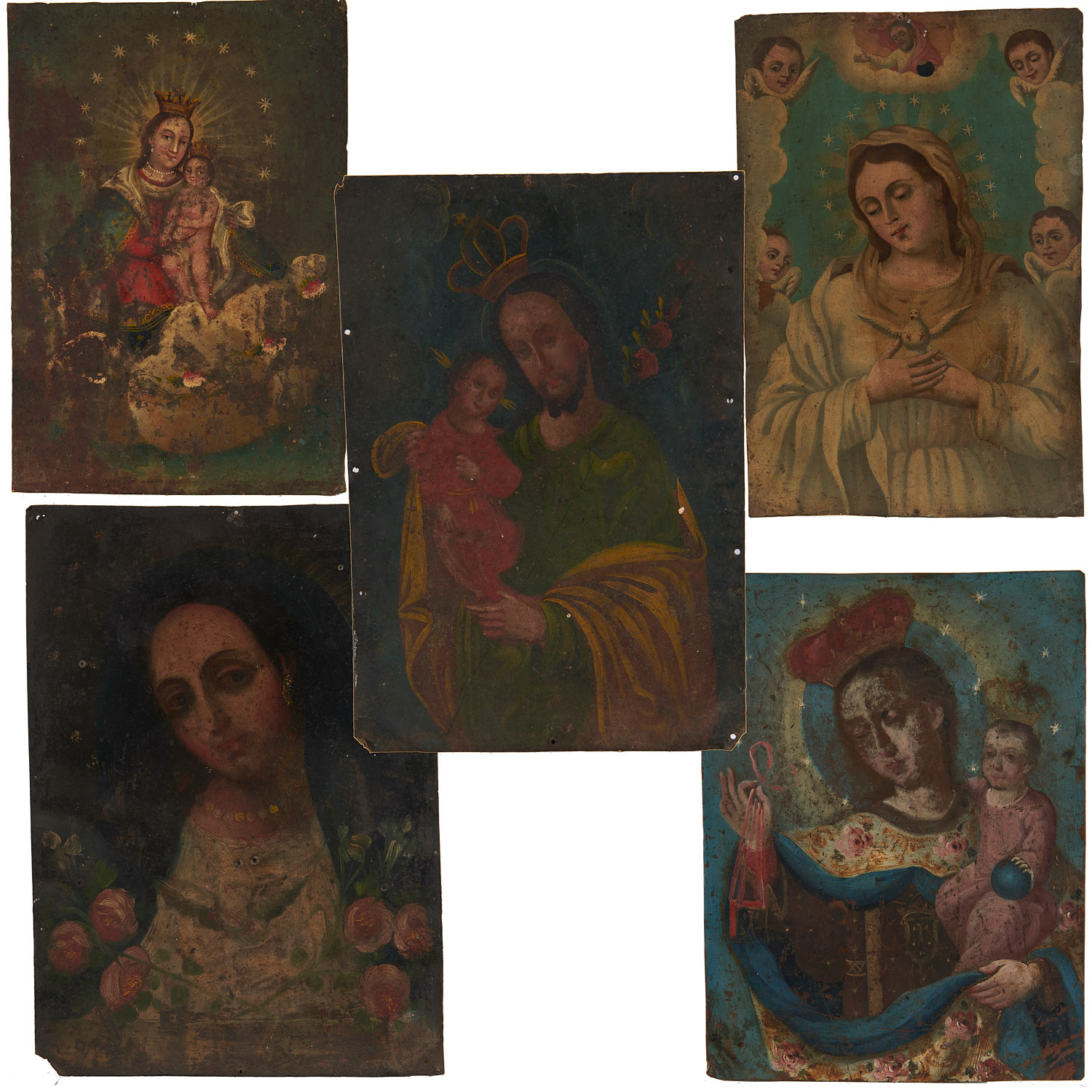 Spanish Colonial School, (5) tin Retablos