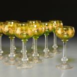 (11) Bohemian green stemware wine glasses