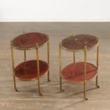 Pair French brass and mahogany tiered side tables