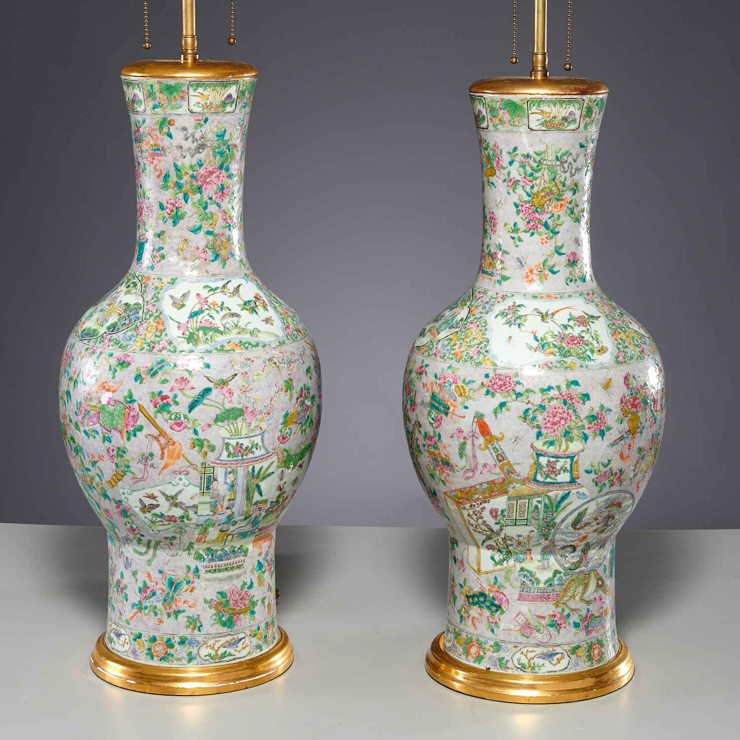 Fine pair large Chinese famille vert vase lamps