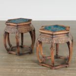 Pair Chinese cloisonne inset hardwood stools