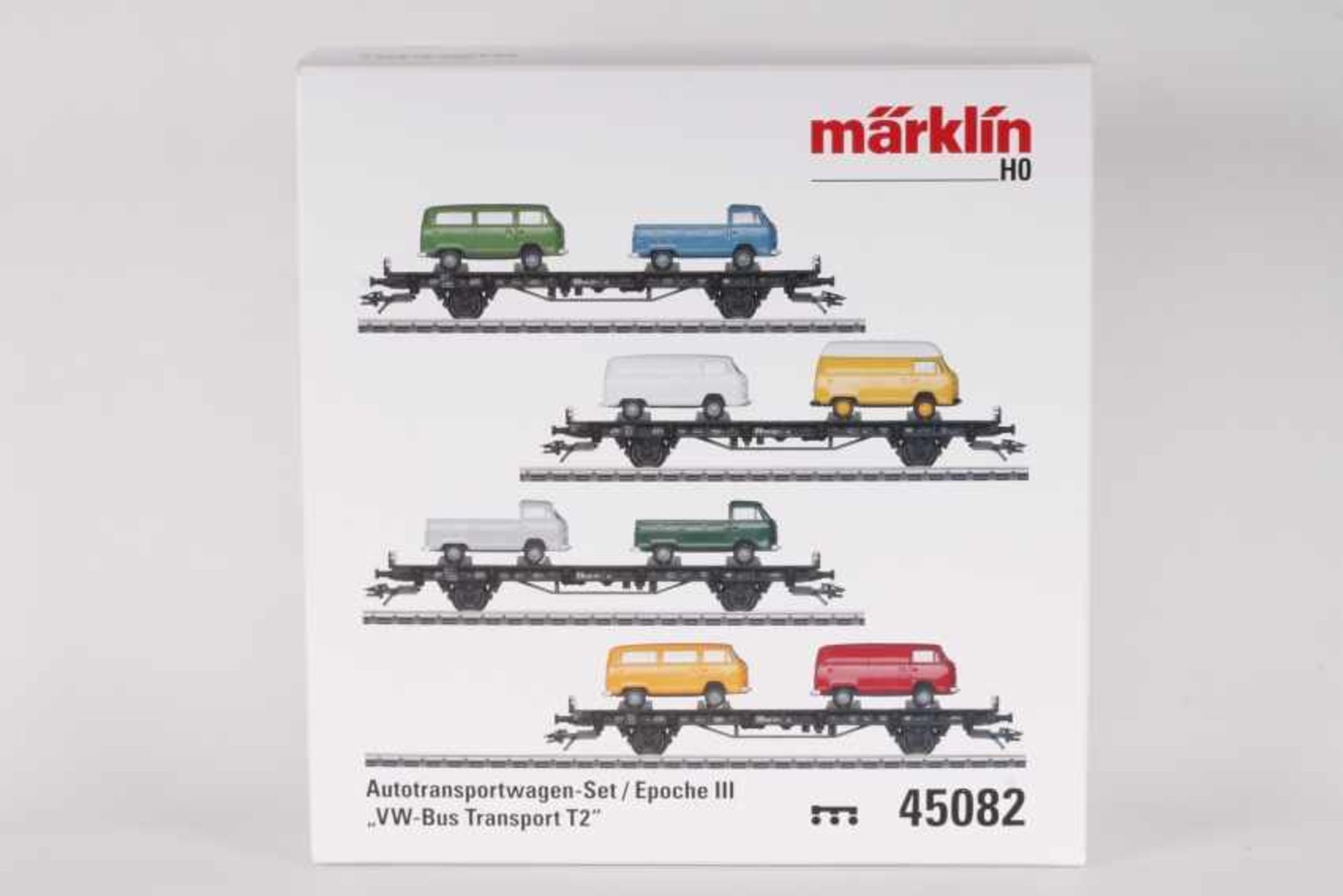 Märklin 45082, VW-Bus Transport T2Märklin 45082, VW-Bus Transport T2, vier Flachwagen mit acht VW