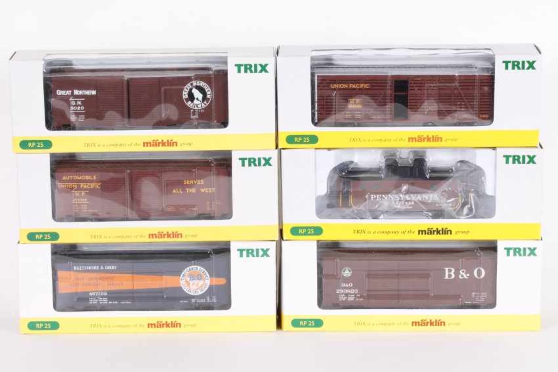 Trix, sechs US-GüterwagenTrix, sechs US-Güterwagen, 24902-3, 249028, 24902-13, 24902-14, 24905-3,