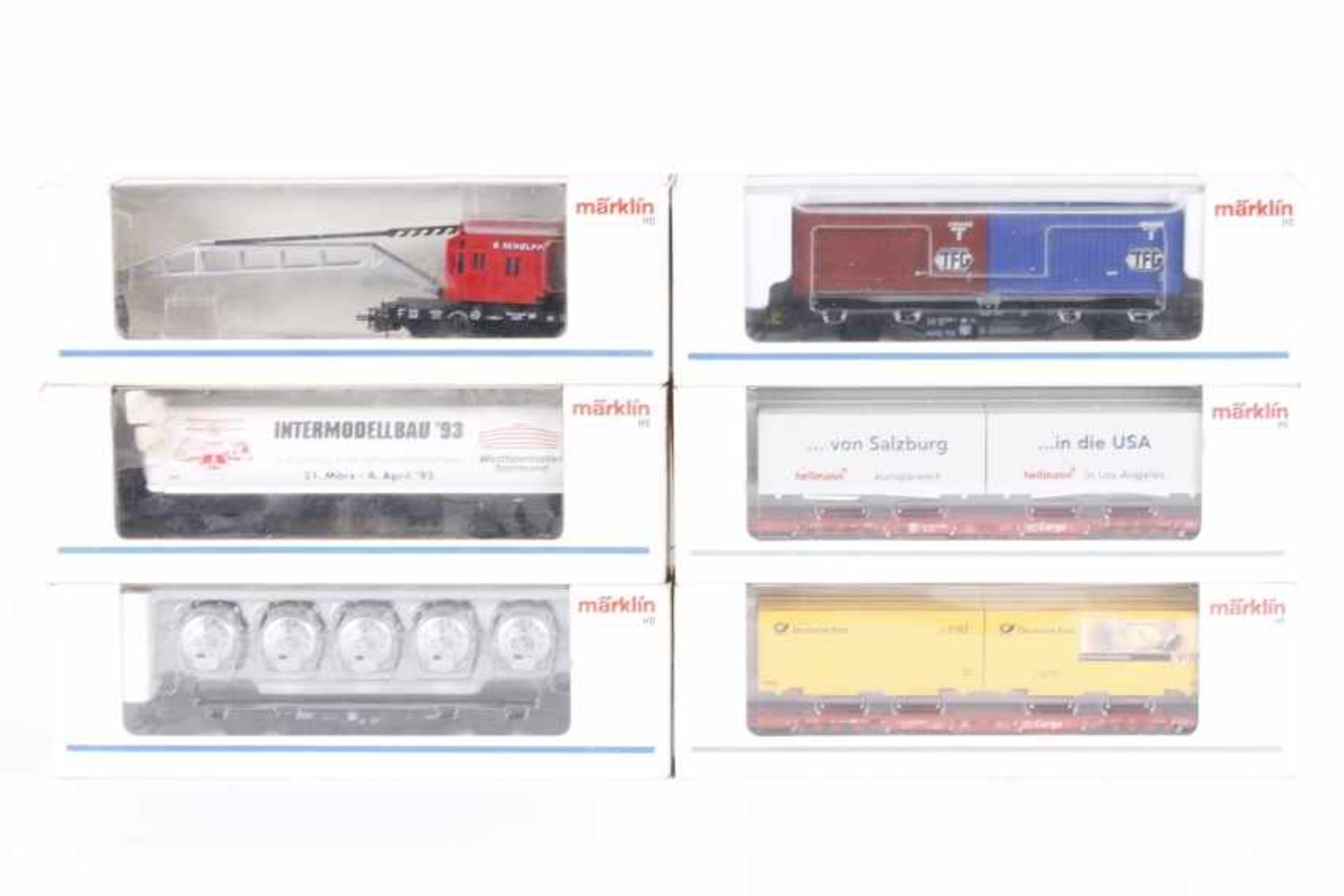 Märklin, sechs GüterwagenMärklin, sechs Güterwagen, Kranwagen aus 0112, 4768, 47700, 47708 (PMS 60-