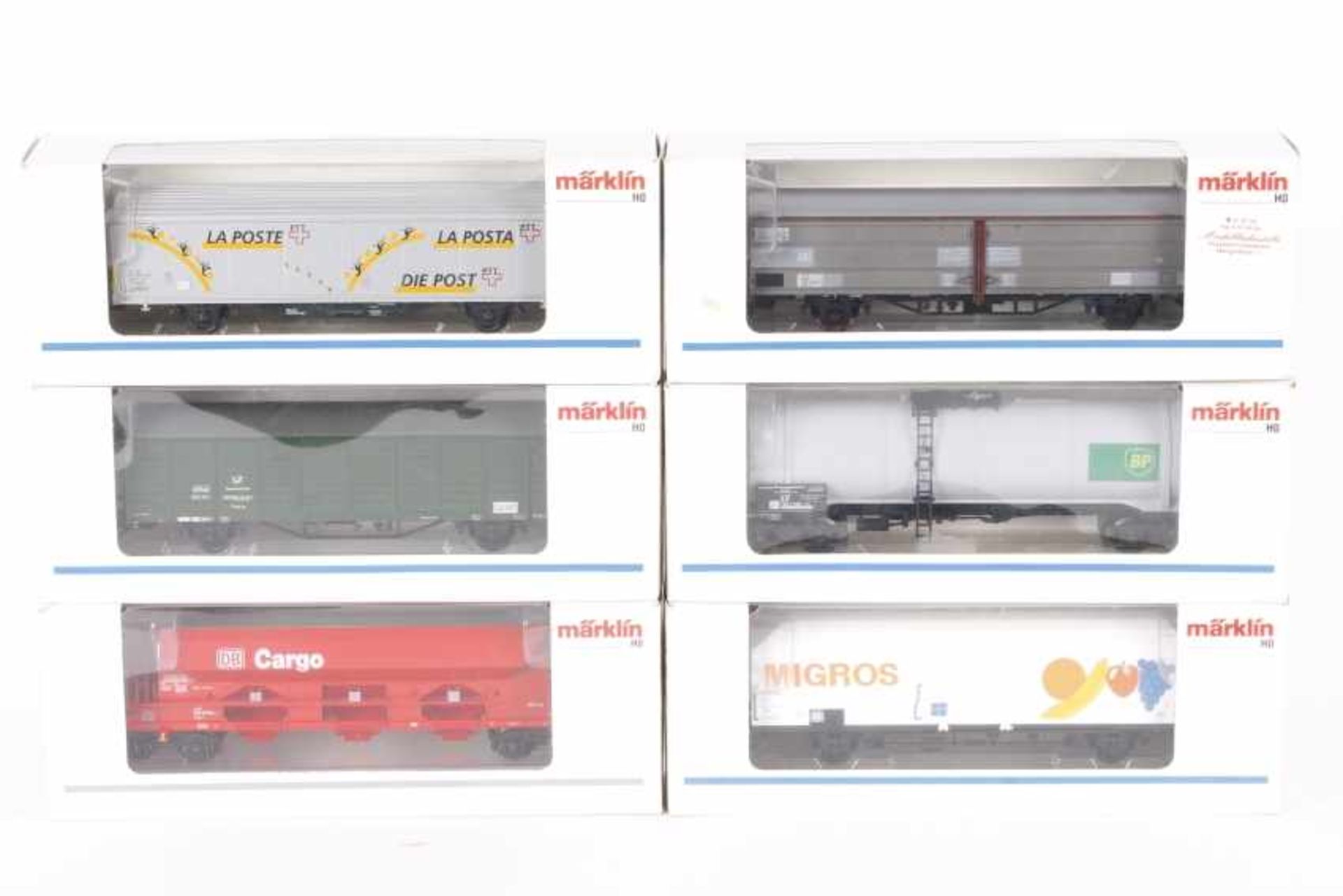 Märklin, sechs GüterwagenMärklin, sechs Güterwagen, 4734, "La Poste" Typ 4735, 4738, 4758, 47362 (