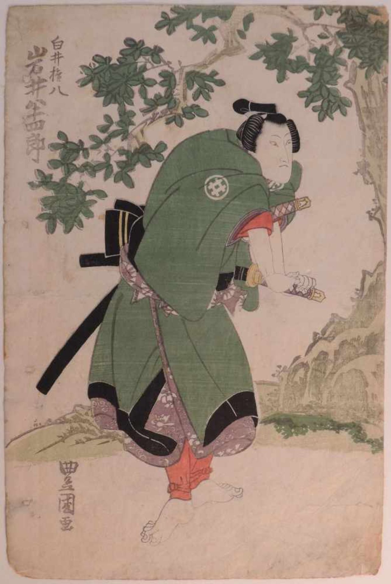 TOYOKUNI, +1823, +1880, Farbholzschnitt, Samurai in grünem Kimono, 37 x 24,5, leicht gebräunt u
