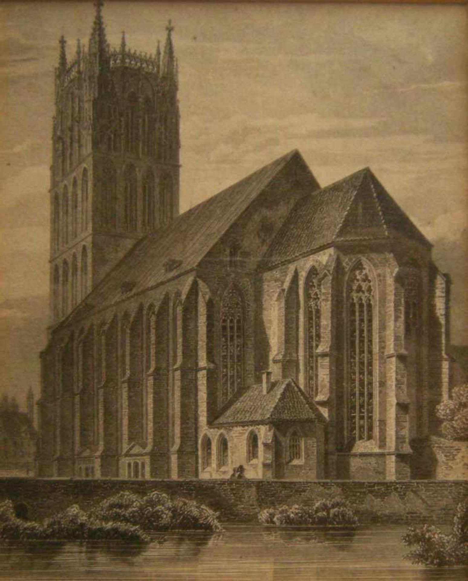 MÜNSTER/WESTFALEN, Ansicht, Liebfrauen-Überwasserkirche von Südosten, Stahlstich von Kolb, Johann