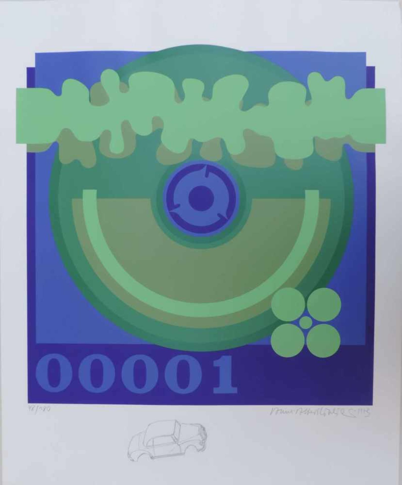 ANONYMUS/MA, Farbserigrafie, grüner Kreis auf blauem Grund, "00001", im Einfall sig (