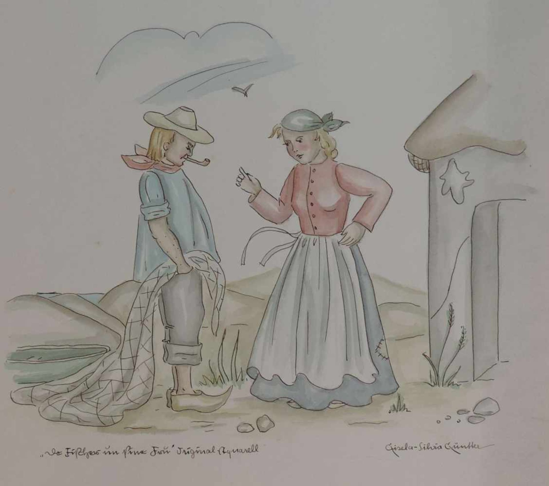 GÜNTHER, Gisela-Silvia, Aquarell, Karikatur, Fischer wird von seiner Frau gescholten, re u sign,