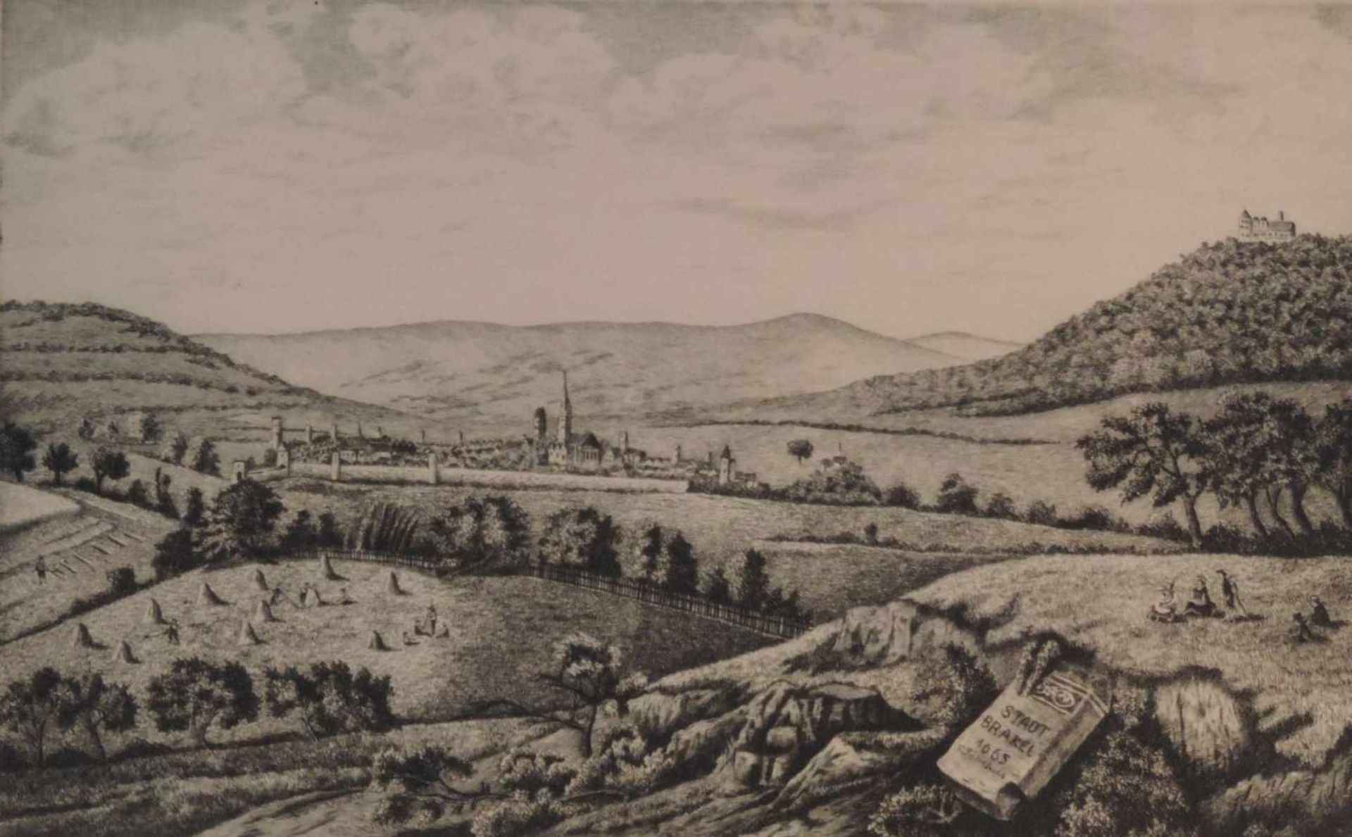 BRAKEL, Stadt, Stahlstich, Ansicht von Südosten, re u im Meilenstein bez "1665 C. Fabrikus", re u