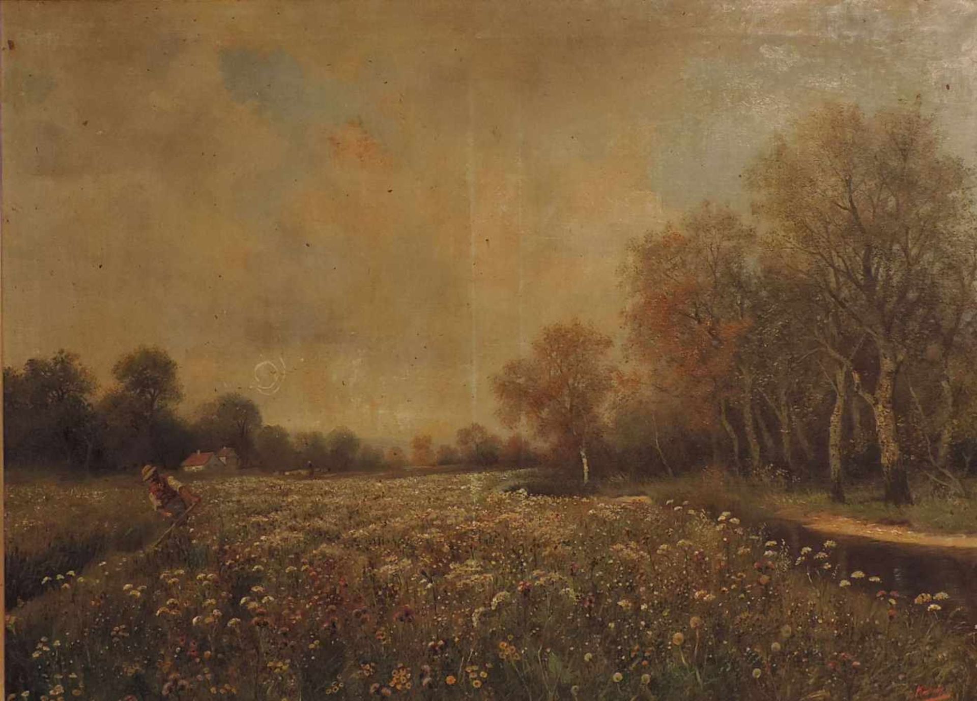 KROTSCHY, H., Öl/Lw, Bauer beim Sensen einer Wildblumenwiese vor Wald mit Hof im Hintergrund, re u