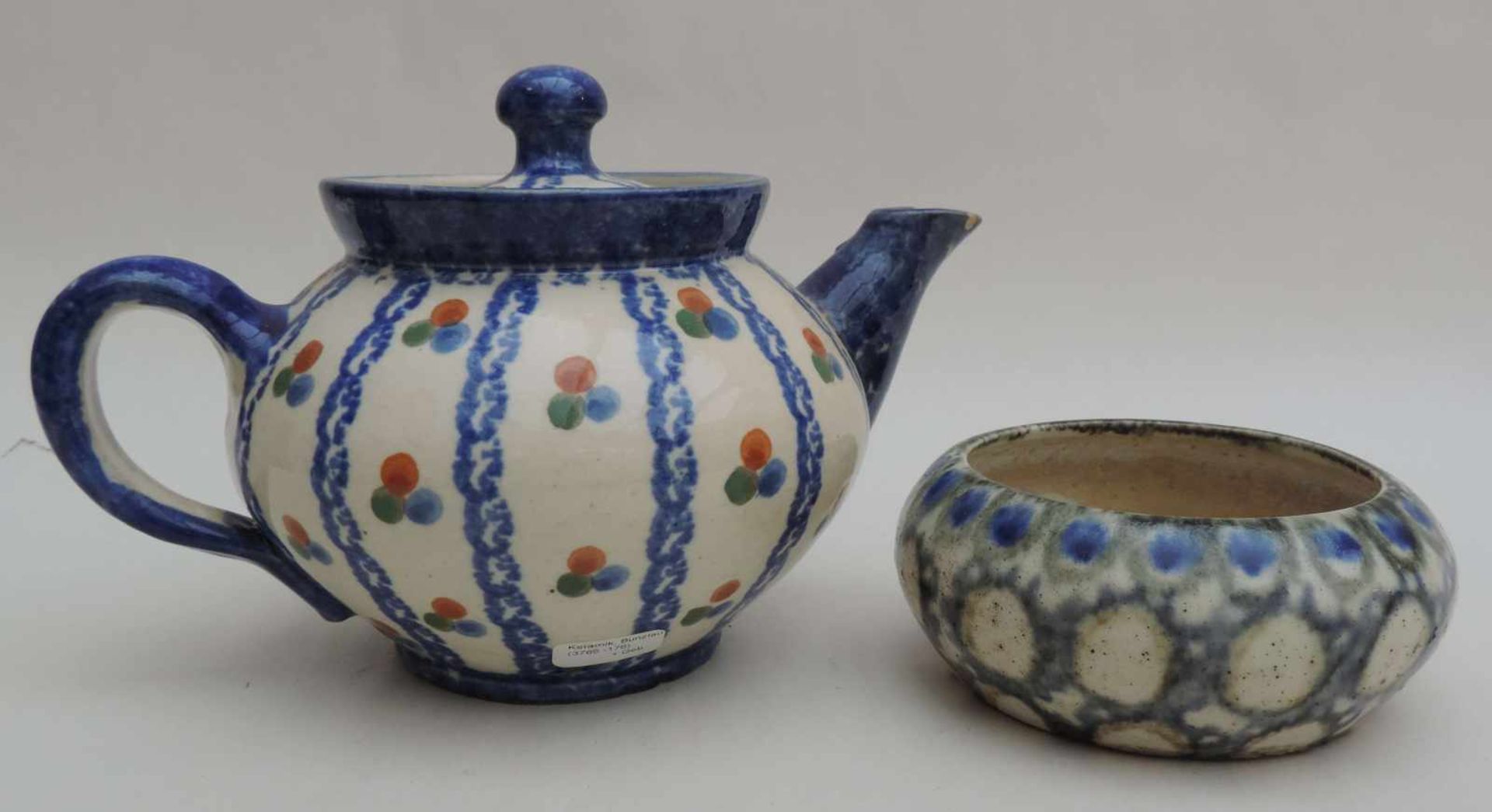 TEEKANNE, Bunzlauer Keramik, 1.H.20.Jh., weißer Scherben, bunt, Balusterform, Kropftülle,