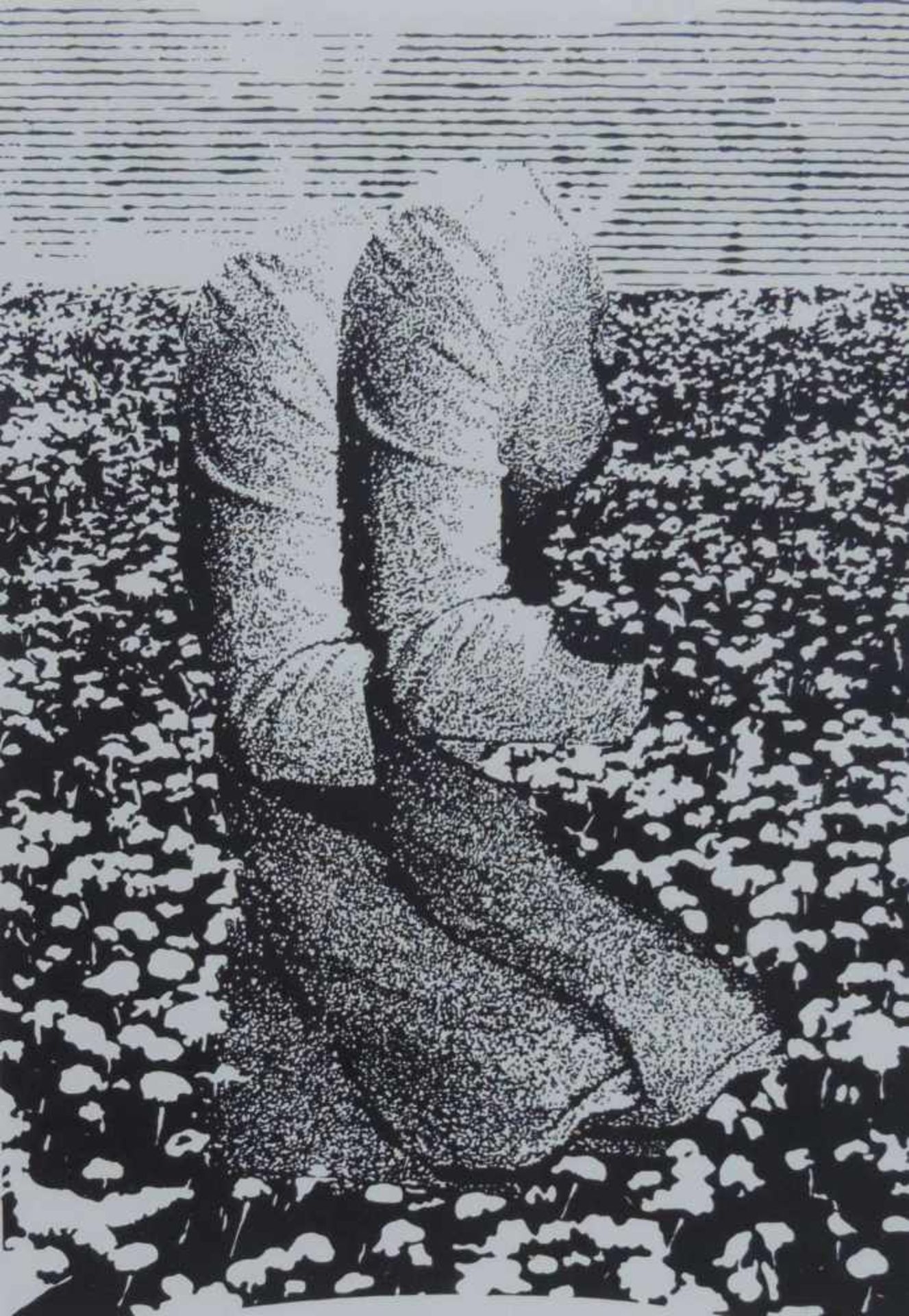 ANONYMUS/MA, Lithografie, Komposition auf Blumenwiese, im Einfall num 16/35, dat 1974, bez u