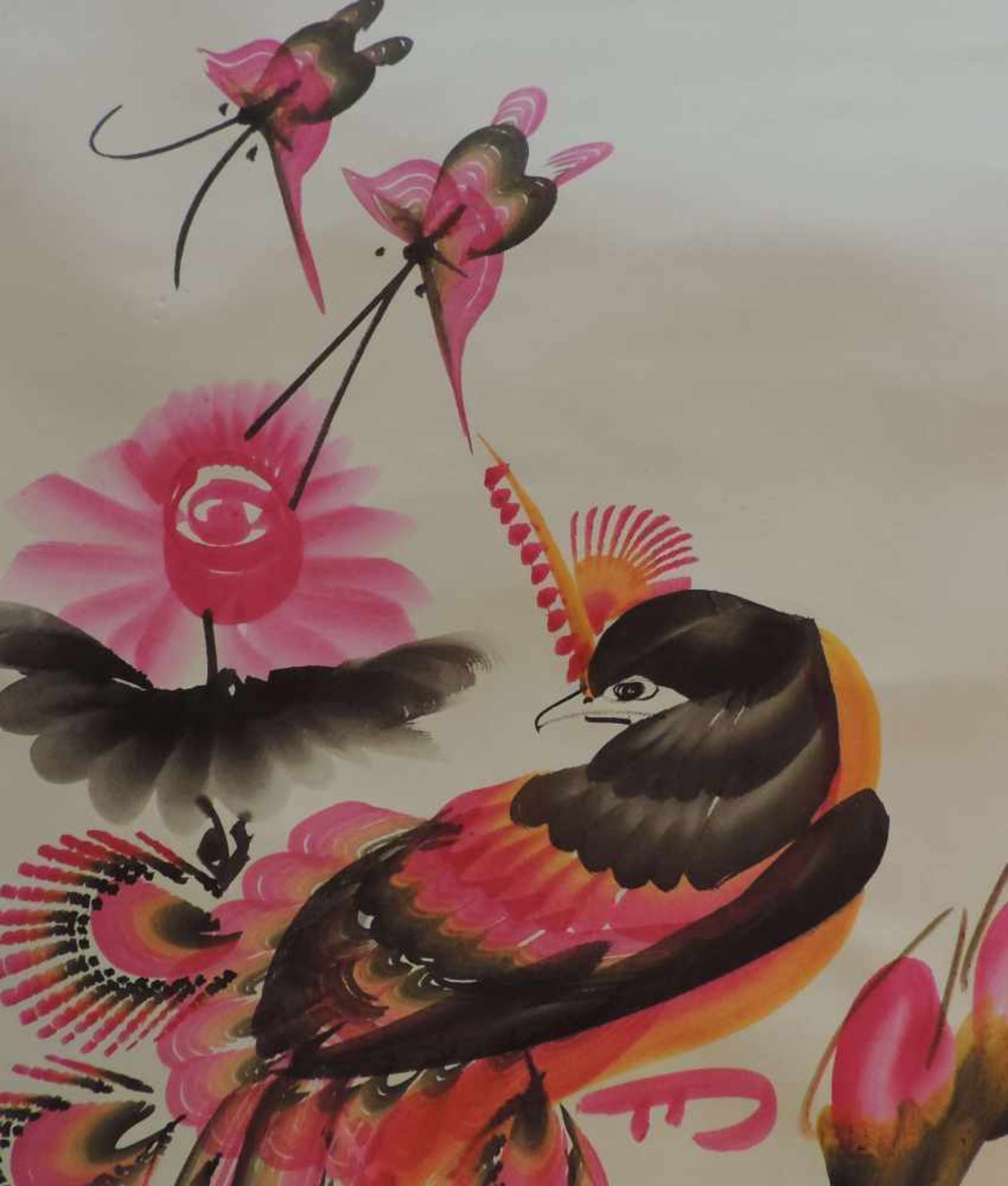 KALIGRAPHIE, Japan, Papierrolle mit Kurzgedicht, Vogel,schwarz/pink, B 48,5 - Image 3 of 5