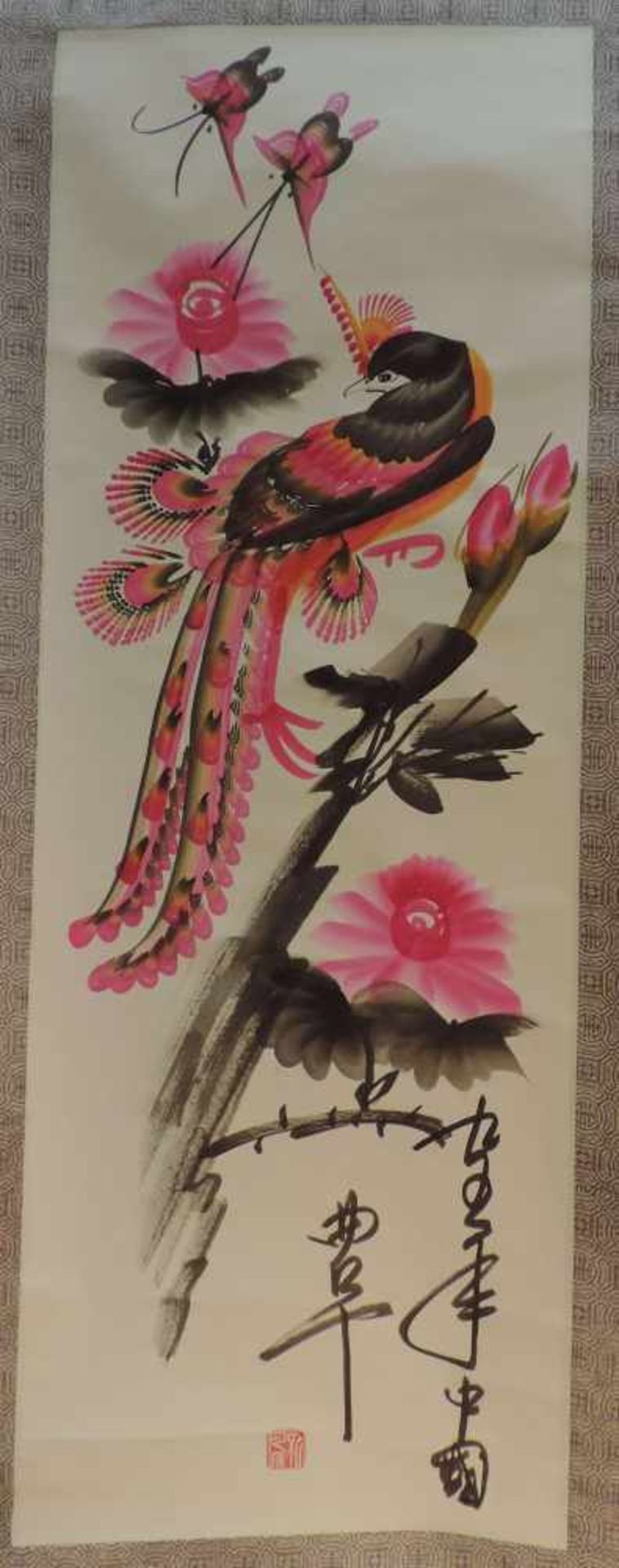 KALIGRAPHIE, Japan, Papierrolle mit Kurzgedicht, Vogel,schwarz/pink, B 48,5