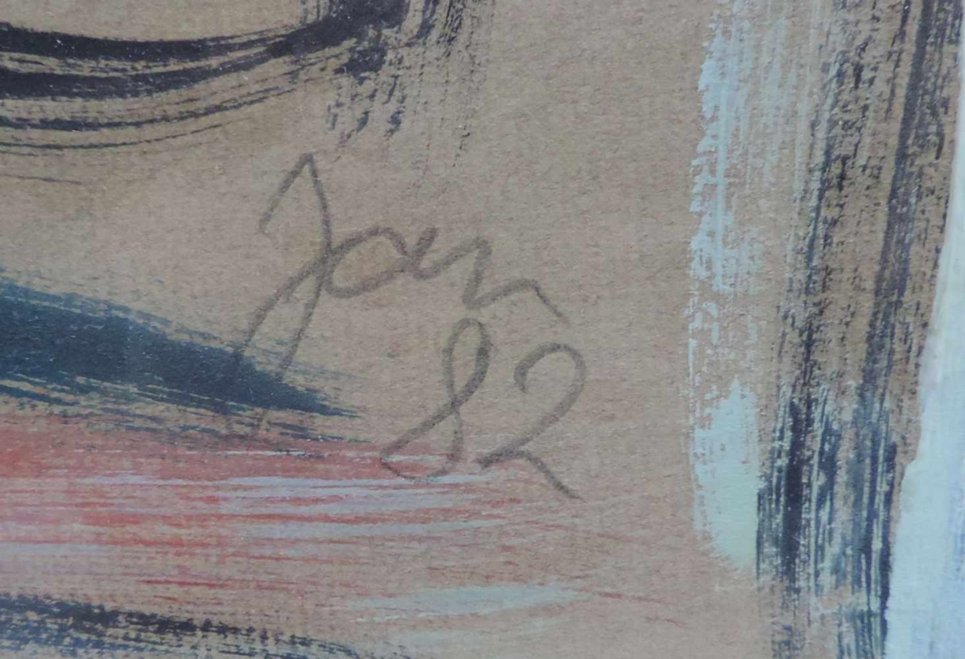 JAN (?), Öl/Papier, gerahmte Farbkomposition, re u sign u dat (19)82, re o Galerienummer, 57 x 41,5, - Bild 2 aus 2
