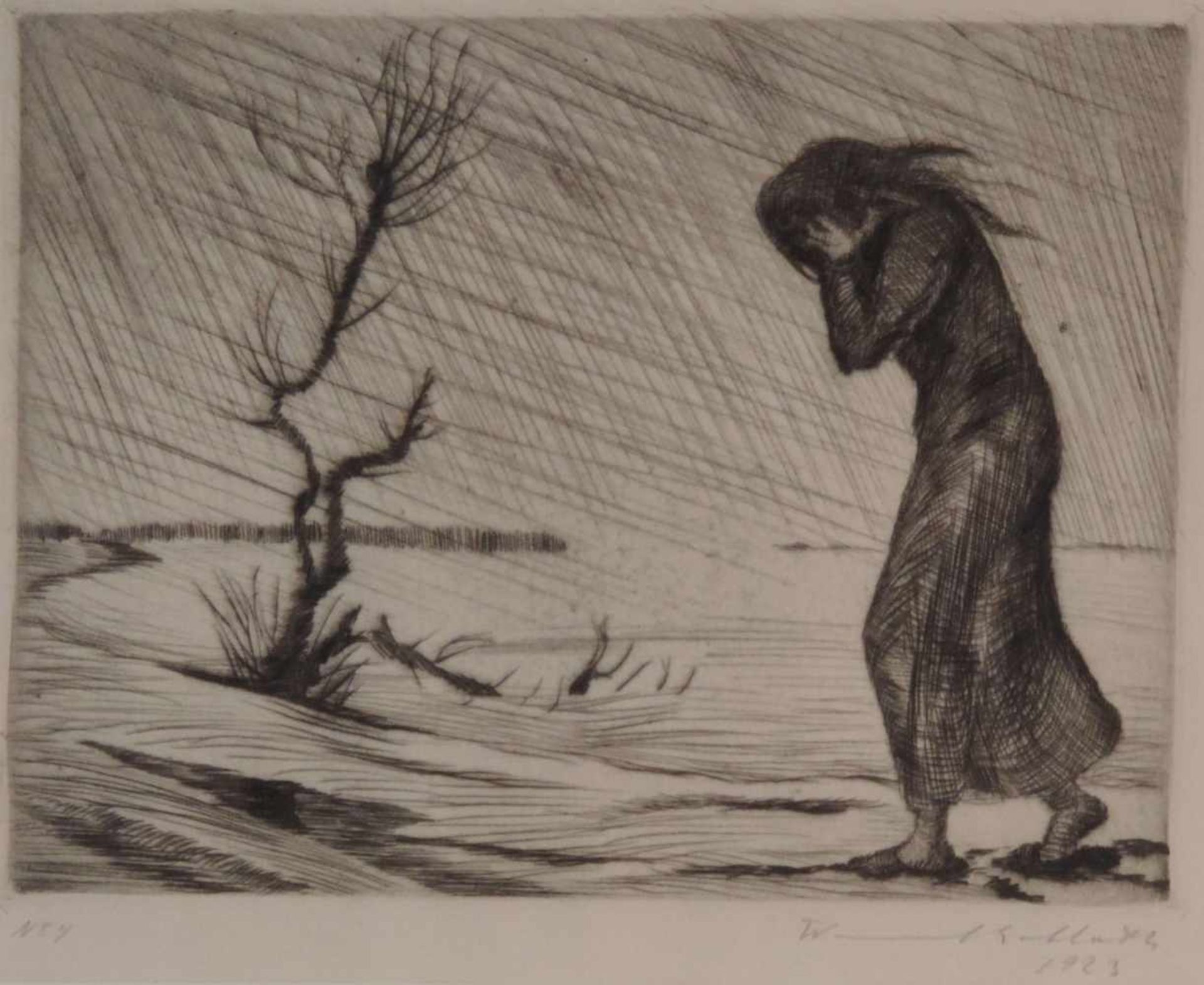 ANONYMUS/MA, Kupferstich, Mädchen in Sturm, im Einfall num 4, unlerserl sign u dat 1923, 13,5 x