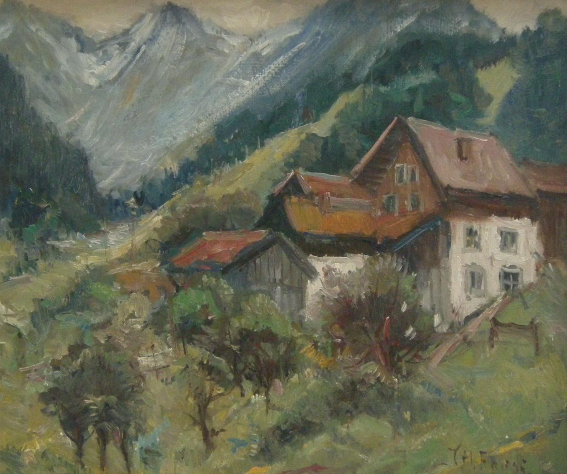 FRESE, T.H., Süddeutsche Schule, Mitte 20.Jh., Öl/Holz, Gehöft in alpiner Landschaft, re u sign,