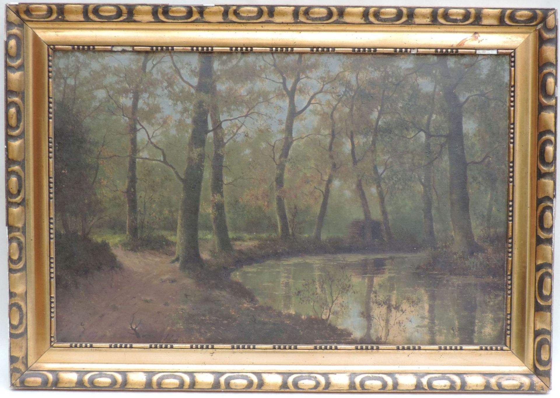 DEUTSCHE SCHULE, Öl/Holz, idyllische Waldlandschaft m Flusslauf, re u unleserl sign, 47 x 73, GR - Bild 3 aus 3