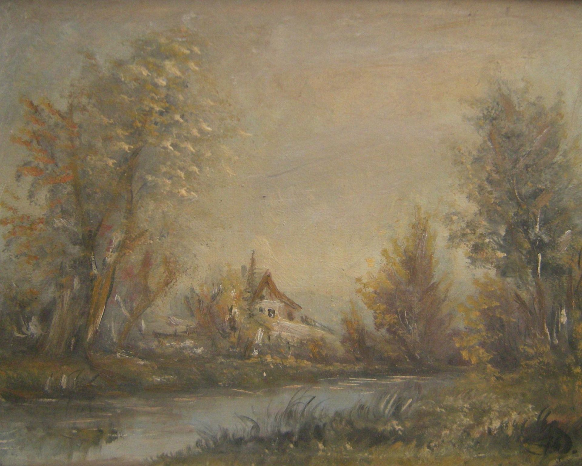 H.D., Monogrammist, 1.H bis Mitte 20.Jh., Öl/Lw, Herbstliche Flußlandschaft, Architekturstaff, re