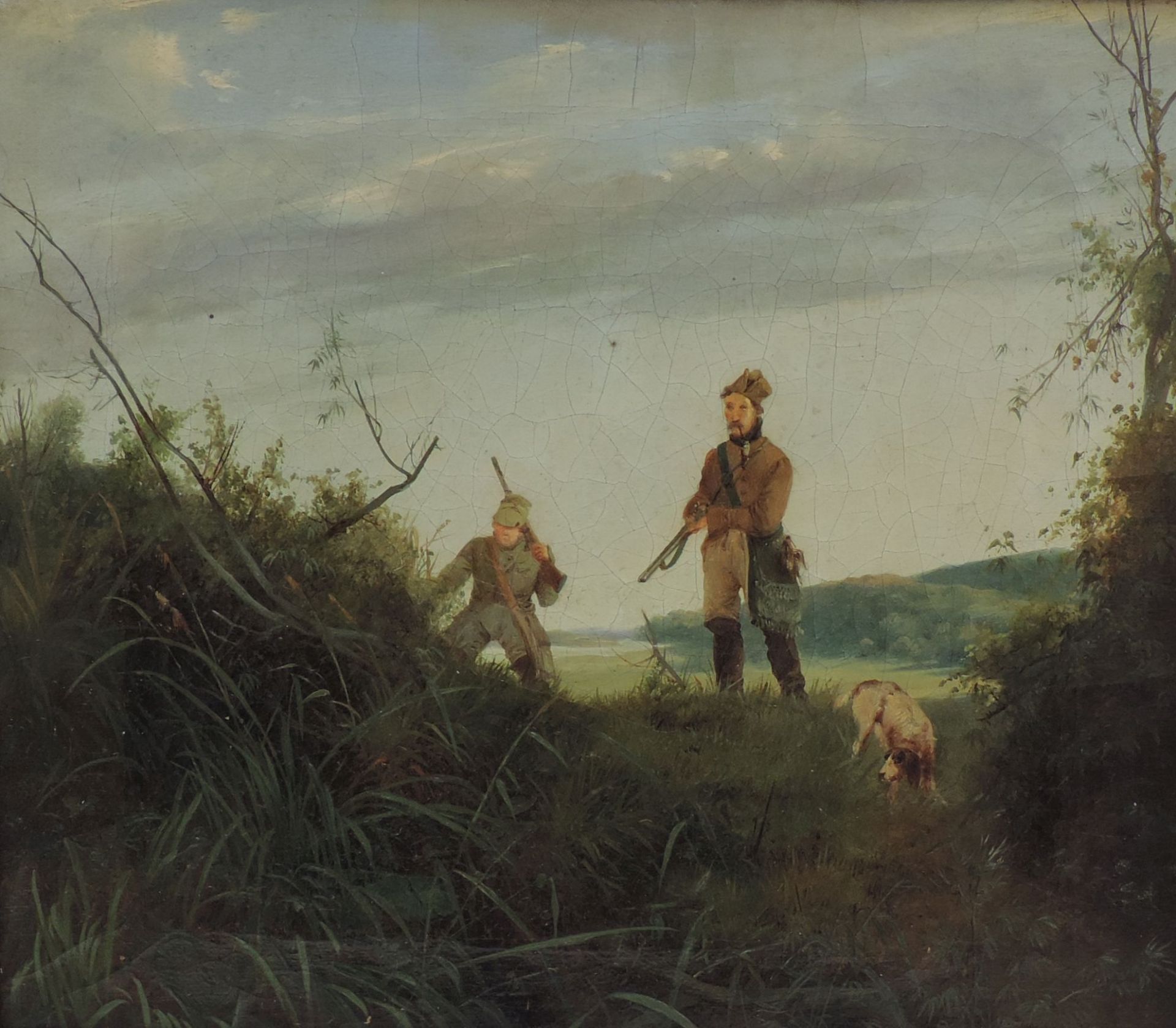 BLECHEN, Carl, zugeschr, *1798, +1840, Öl/Lw, doubliert, 2 Jäger mit Hund in Landschaft, 25,5 x