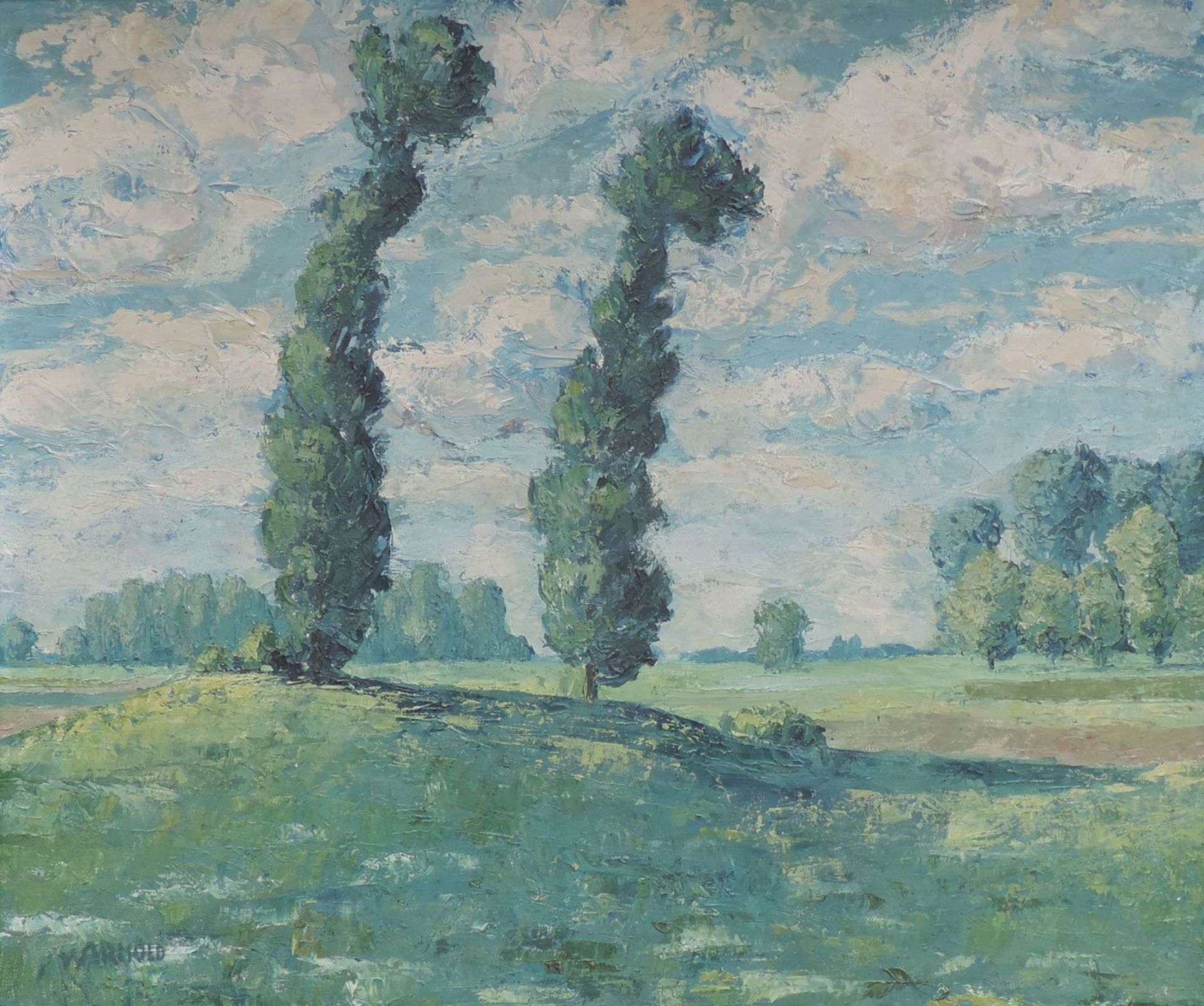 ARNOLD, Öl/Lw, Landschaft m 2 Bäumen u Wolken, 56 x 66, GoldHR