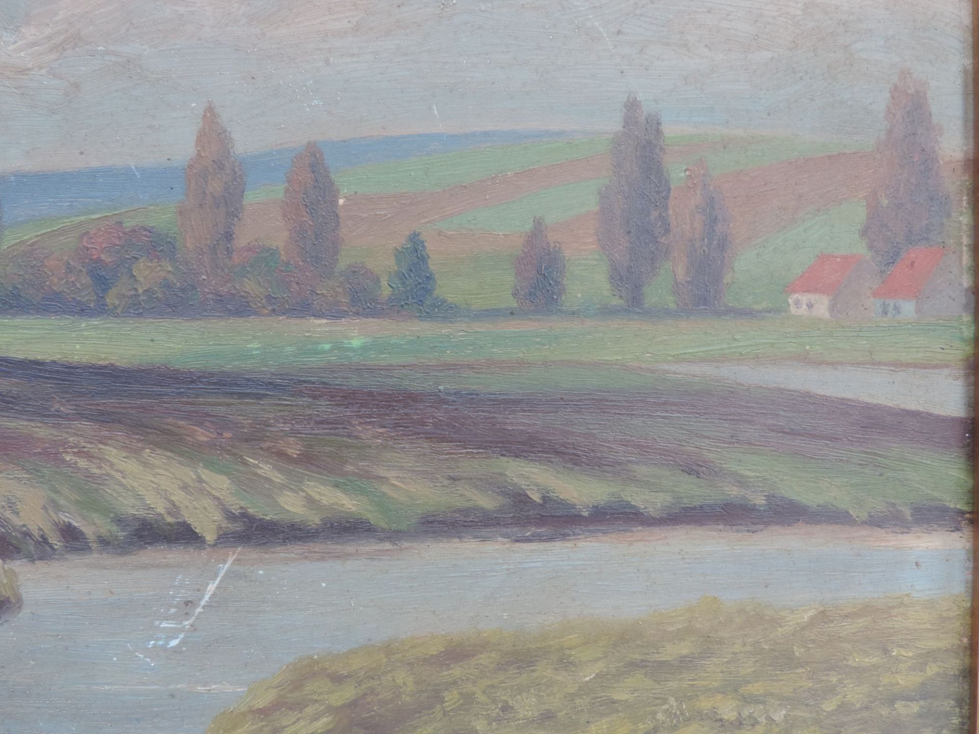 HÖPFNER, Paul, Öl/Karton, Flusslandschaft m Feldern u Häusern, re u sign, 33 x 50, PrunkGR - Bild 3 aus 4