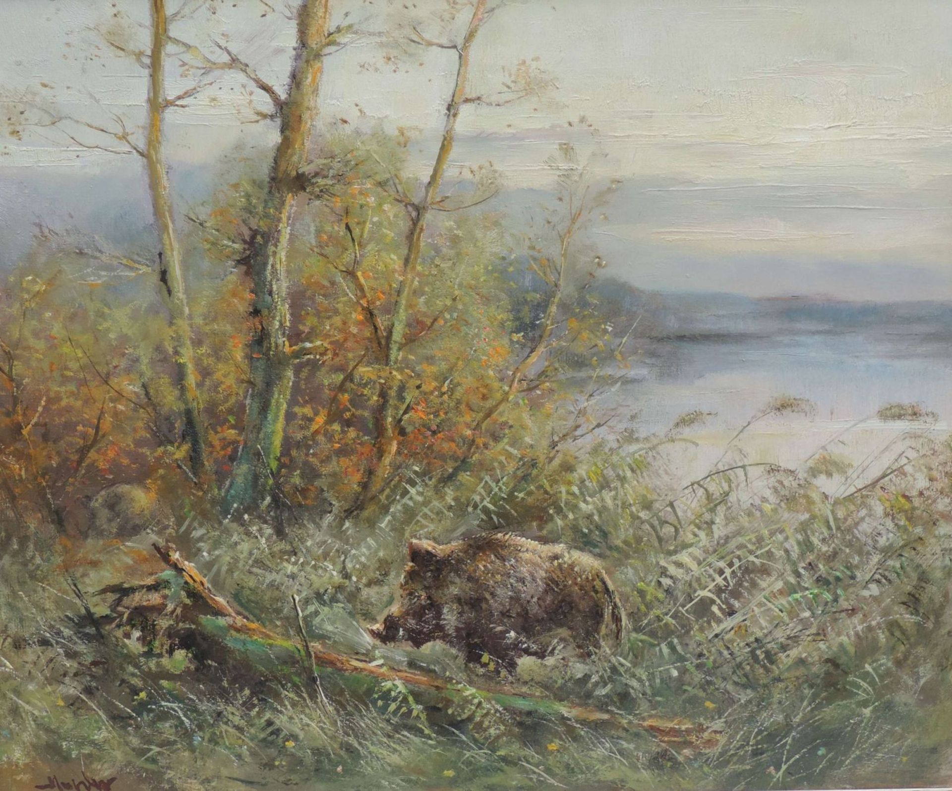 ANONYMUS/MA, 2.H.20.Jh., Öl/Lw, Wildschweinkeiler in Uferböschung, li u unleserl sign, 49 x 59, GR