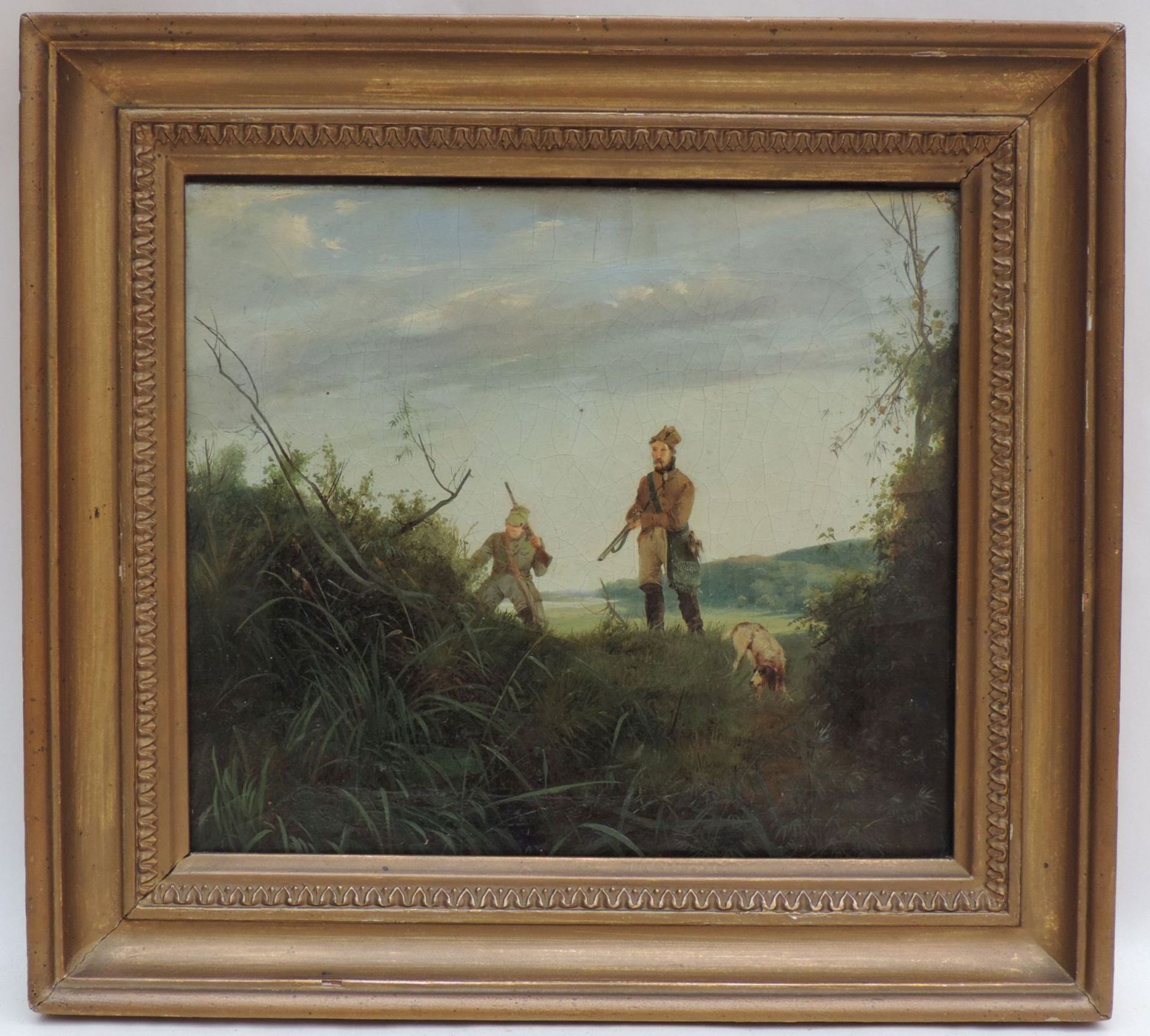 BLECHEN, Carl, zugeschr, *1798, +1840, Öl/Lw, doubliert, 2 Jäger mit Hund in Landschaft, 25,5 x - Bild 2 aus 2
