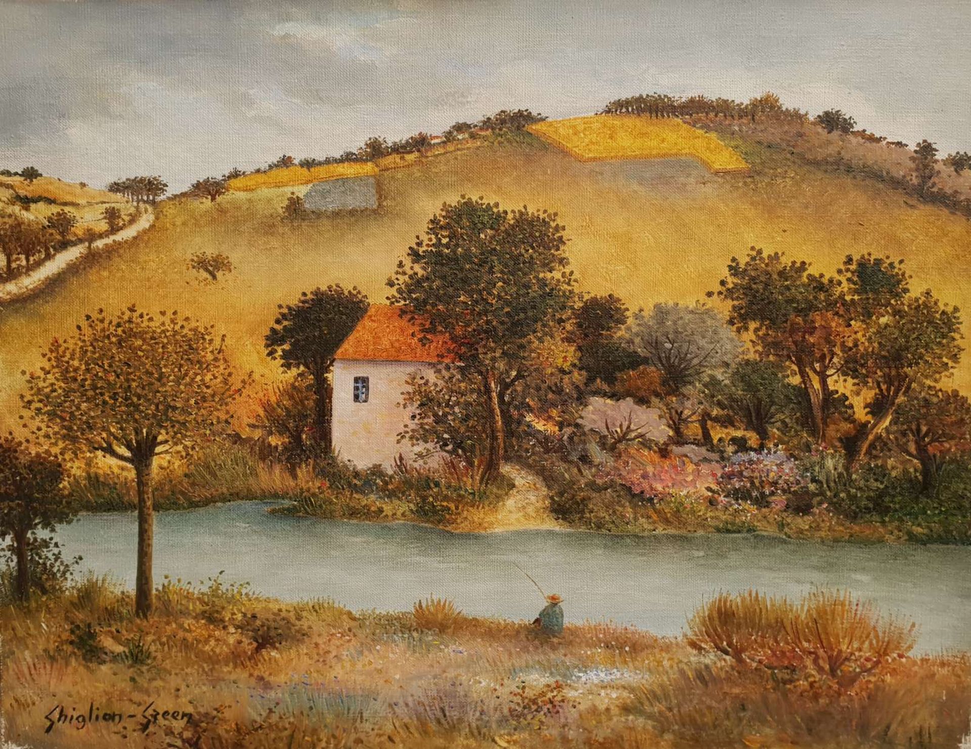 GHIGLION-GREEN, Maurice, französischer Naiver, *1913, +1989, Öl/Lw, "Paysage au pécheur", Landschaft