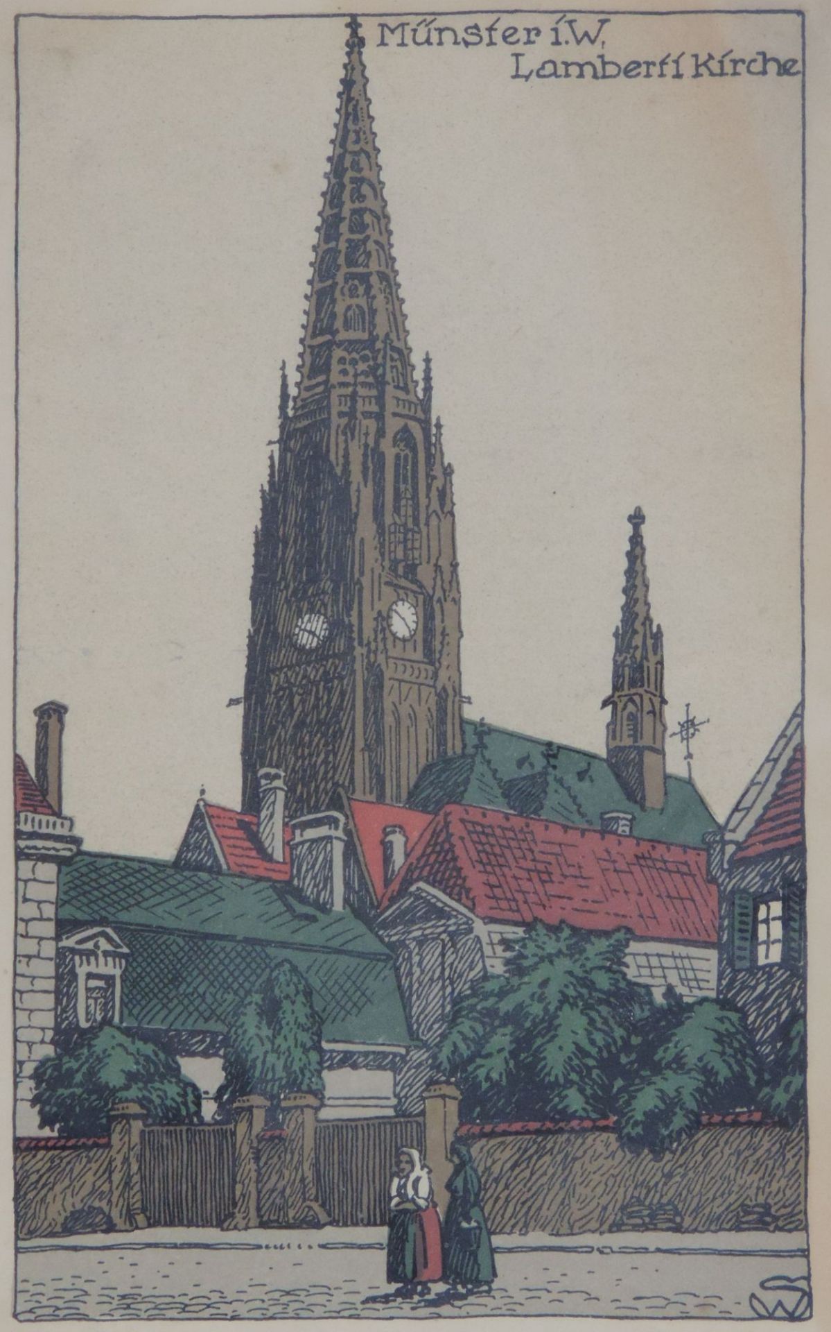 MÜNSTER, Lambertikirche, colorierte Lithografie, um 1910, Monogrammist WS, 19 x 11, h G, GR,