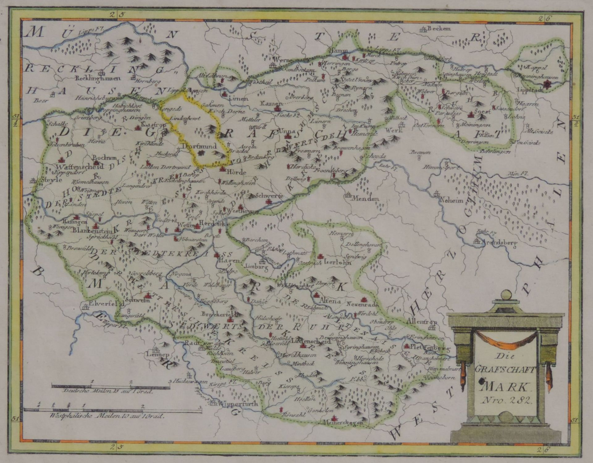 GRAFSCHAFT MARK, altcolorierte Kupferstichkarte, 18.Jh., rechts unten Textkartusche, dort bez Die