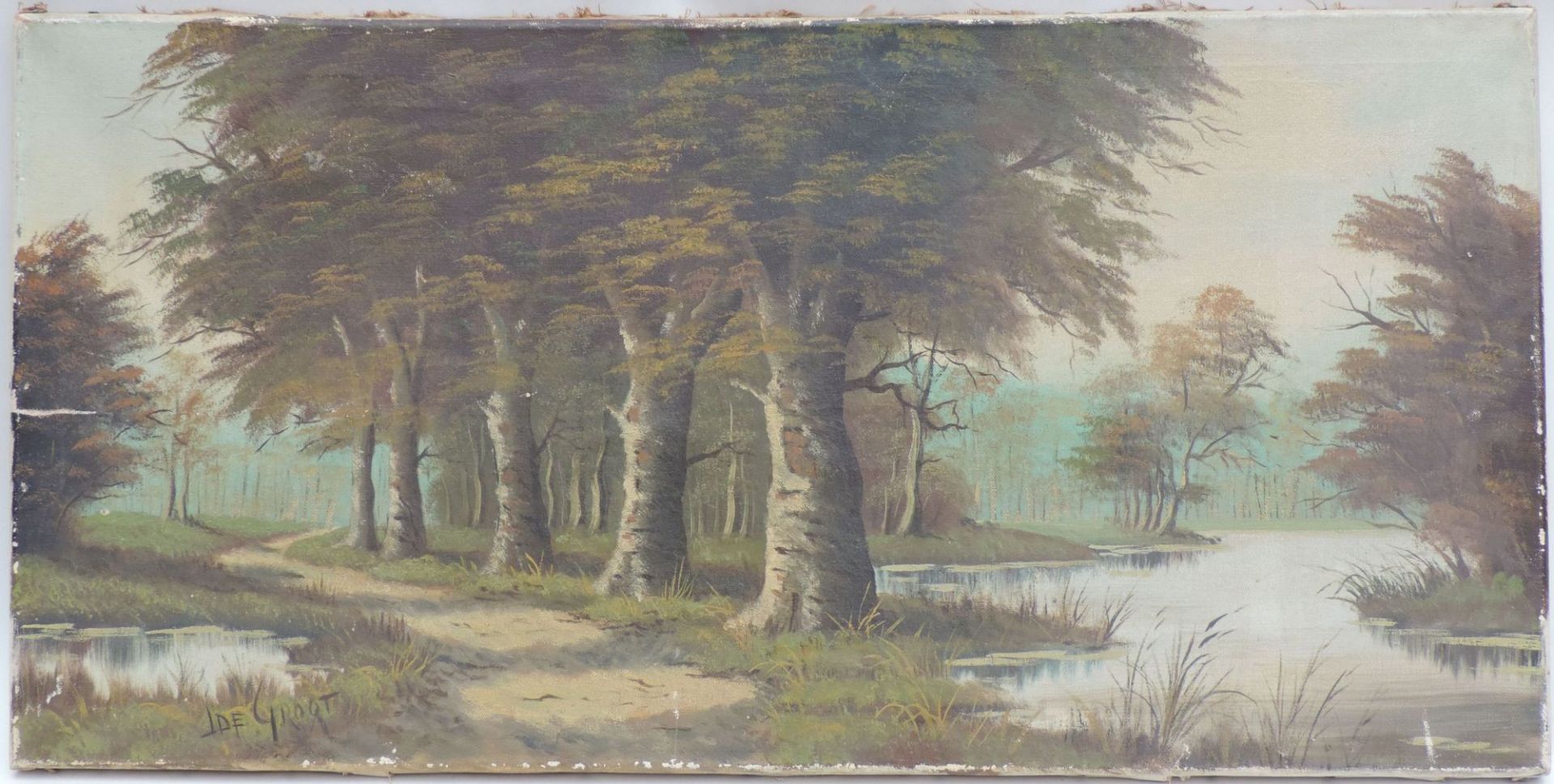 DE GROOT, J., Niederländische Schule, 20.Jh., Öl/Lw, Waldweg an See, li u sign, 40 x 80, leichte