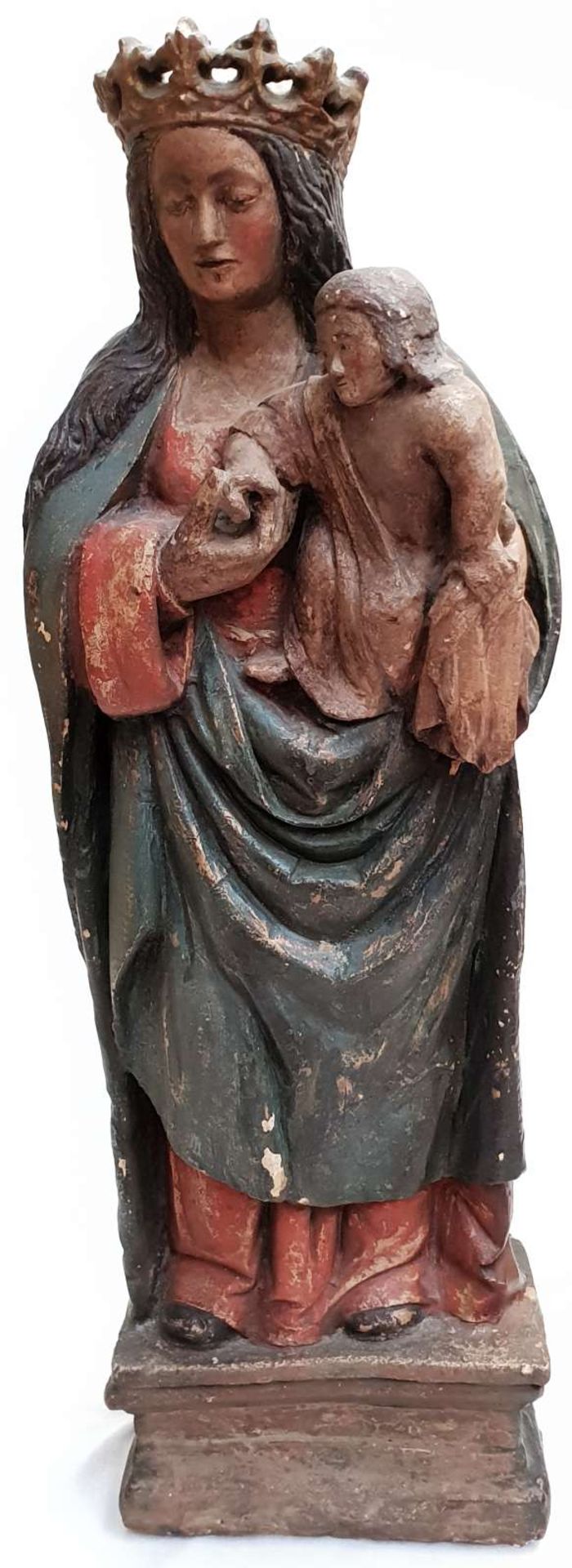 MADONNA MIT KIND, Niederrhein, 17.Jh., Kalksandstein, Alters entsprechend erhaltene Polychromierung,