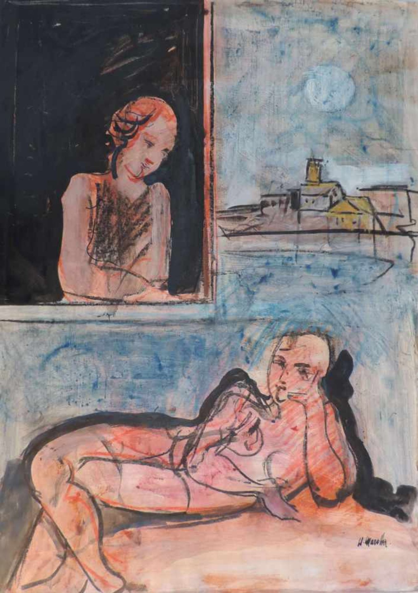 MAROTTA, W., Tempera/Papier, weiblicher liegender Akt mit Frau am Fenster vor nächtlucher