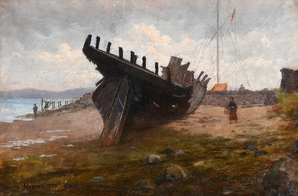 Richard Thomas Moynan RHA (1856-1906)Hulk of a Wooden Boat at Clontarf (1889)